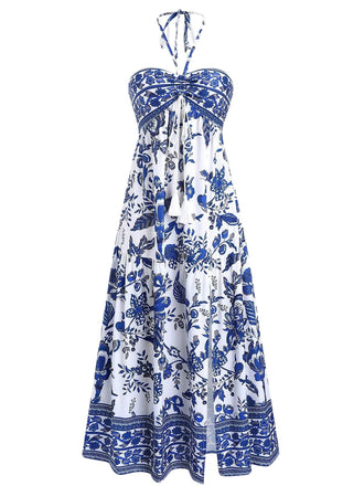 Robe Boho Bleue Halter à Nœud Imprimé Porcelaine Années '70 2