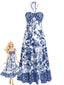 Robe bohème bleue porcelaine dos nu et liens à nouer années 70