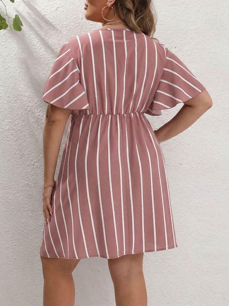 [Grande Taille] Robe Portefeuille Col V à Rayures Manches Volantées Années '70 2