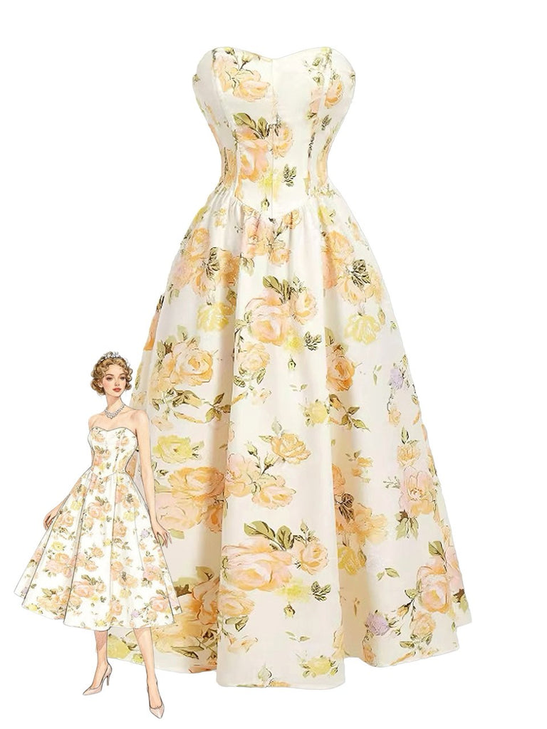 Robe Longue Bustier Florale Jaune Années 1930
