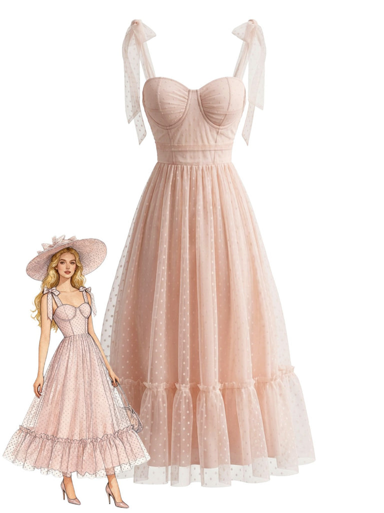 Robe rose foncé pois suisses et manches bouffantes années 1950