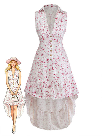 Robe à Ourlet Asymétrique Volants Florale Violette Années 1970