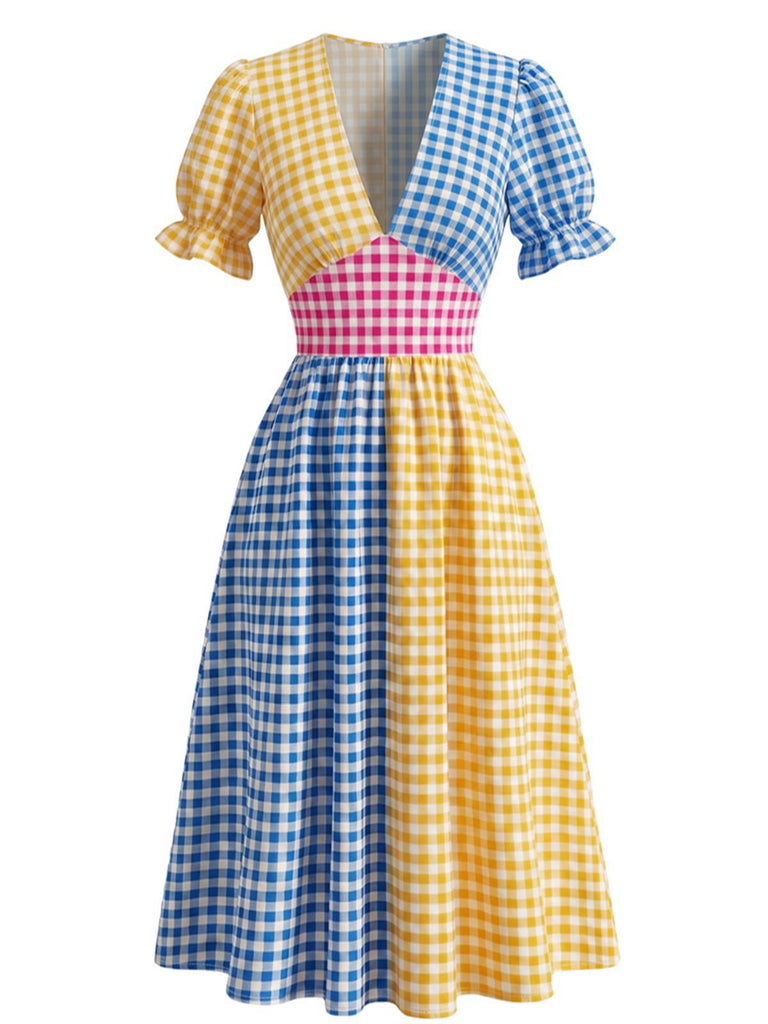 Robe Multicolore Col V Patchwork à Carreaux Années 1940