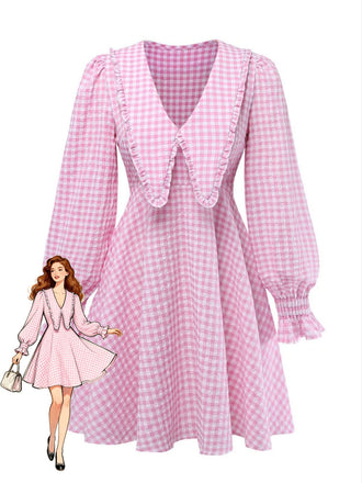 Robe à Revers Manches Bouffantes Volantées Vichy Rose Années 50