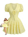 Mini Robe en Coton Brodée à Manches Bouffantes Col V Jaune Années 1960
