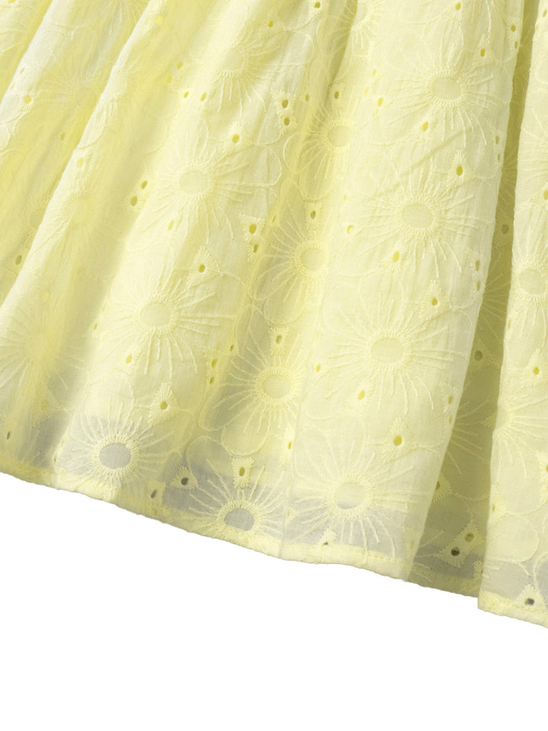 Mini Robe en Coton Brodée à Manches Bouffantes Col V Jaune Années 1960 9