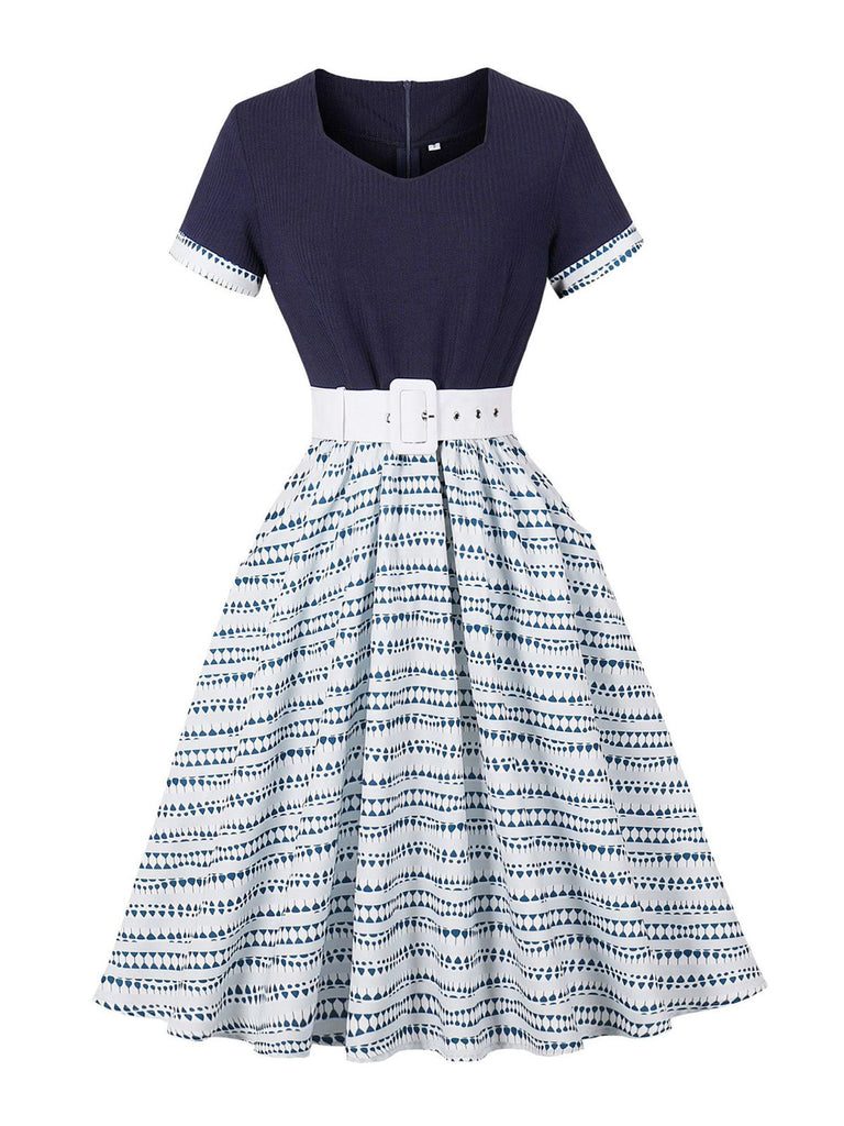 Robe Évasée Ceinturée Imprimé Géométrique Bleu Foncé Années 1950