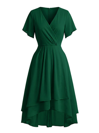 Robe Verte Foncée Col V en Mousseline Asymmetrical Années 1950