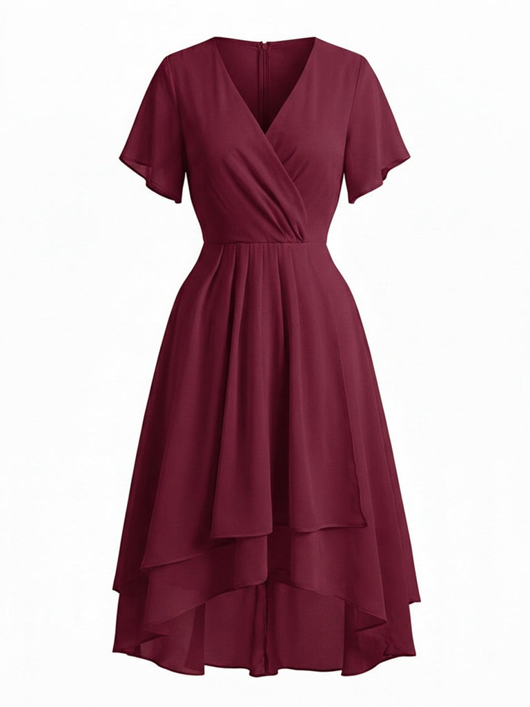 Robe Unie Col V en Mousseline Asymmetrical Années 1950