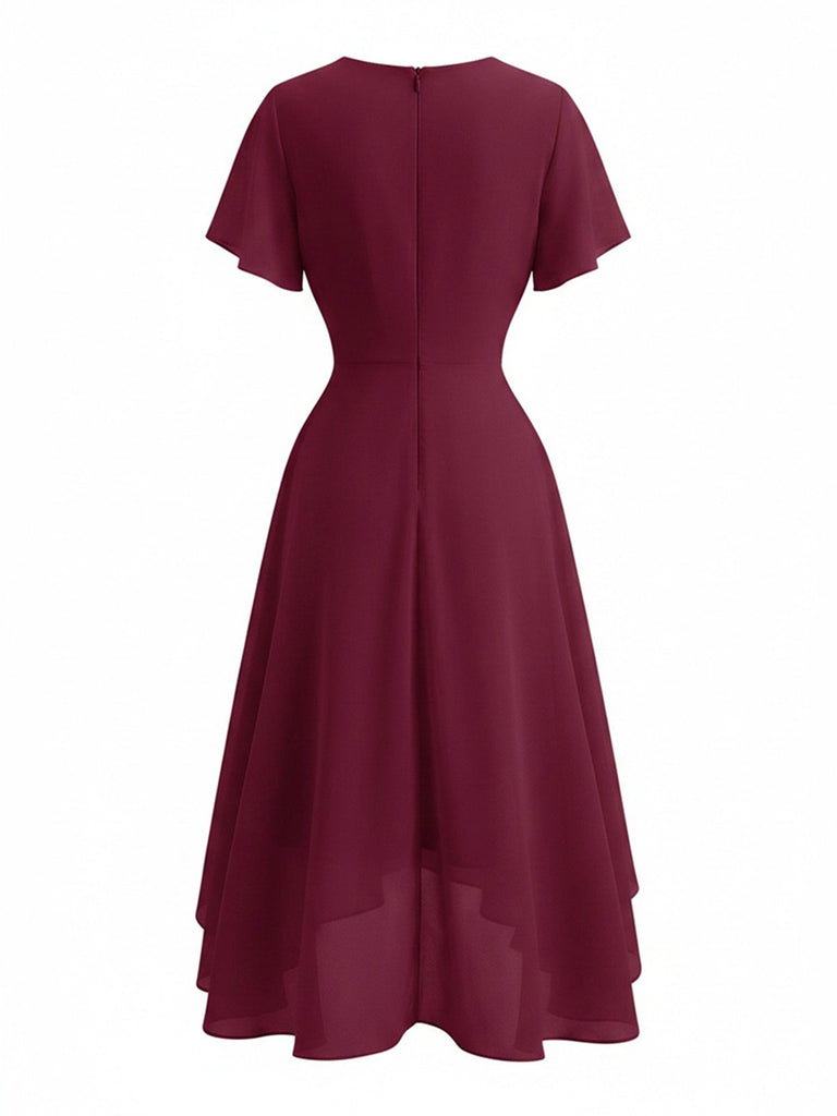 Robe Unie Col V en Mousseline Asymmetrical Années 1950