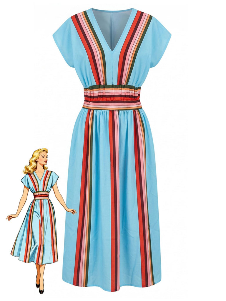 2PCS Ensemble haut col V et jupe rayés bleus années 1940