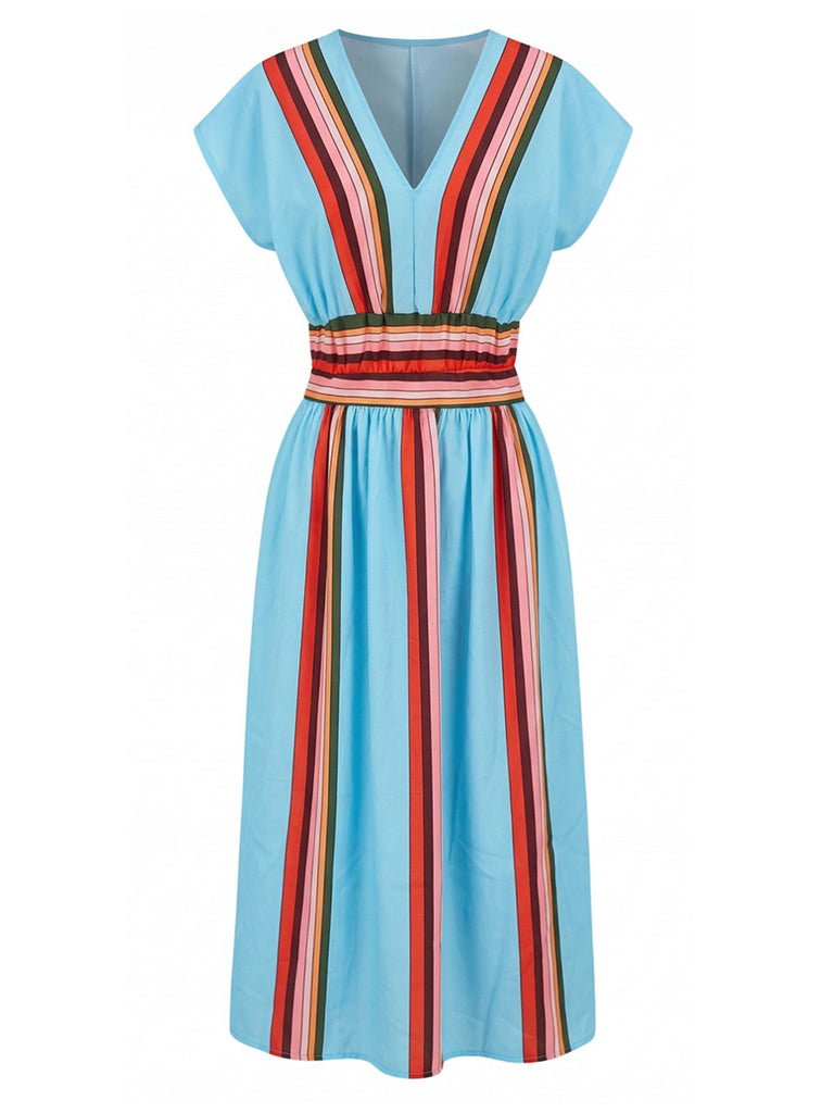 2PCS Ensemble haut col V et jupe rayés bleus années 1940