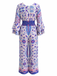 Combinaison bleue bohème motif floral liberty et manches évasées années 70