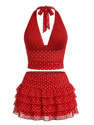 Ensemble 2 Pièces 2PCS à Pois Halter & à Volants Étagés en Filet Années 1950 2