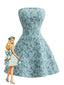 Robe Mini Bleue Sans Bretelles Jacquard Floral Années 60