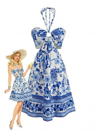 Robe Dos-Nu Ajourée Floral Bleu Cobalt Années 50