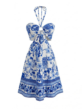 Robe Dos-Nu Ajourée Floral Bleu Cobalt Années 50
