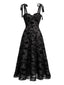 Robe Floral Velours Bretelle Nœud Noir Années 1950