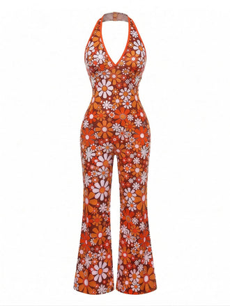 [Prévente] Combinaison évasée orange à fleurs haut licou années 1960