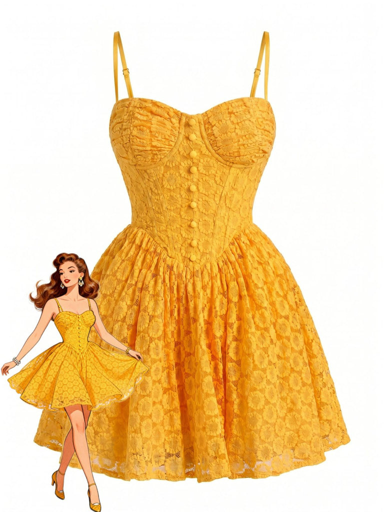 Robe Dos Nu Broderie Florale en Dentelle Curcuma Années 1950