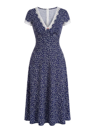 Robe Floral en Dentelle Col V Patchwork Bleu Foncé Années 1940