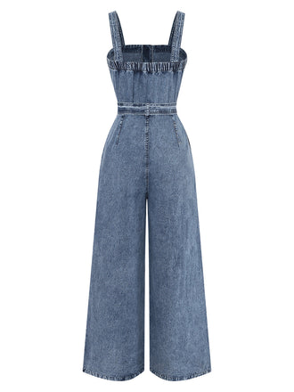 Combinaison Denim Larges Bretelles Ceinturée Boutonné Bleue Années 1930 2