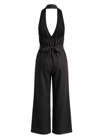 Combinaison à Jambes Larges Halter Col V Profond Ceinturée Unie Années 1930 5