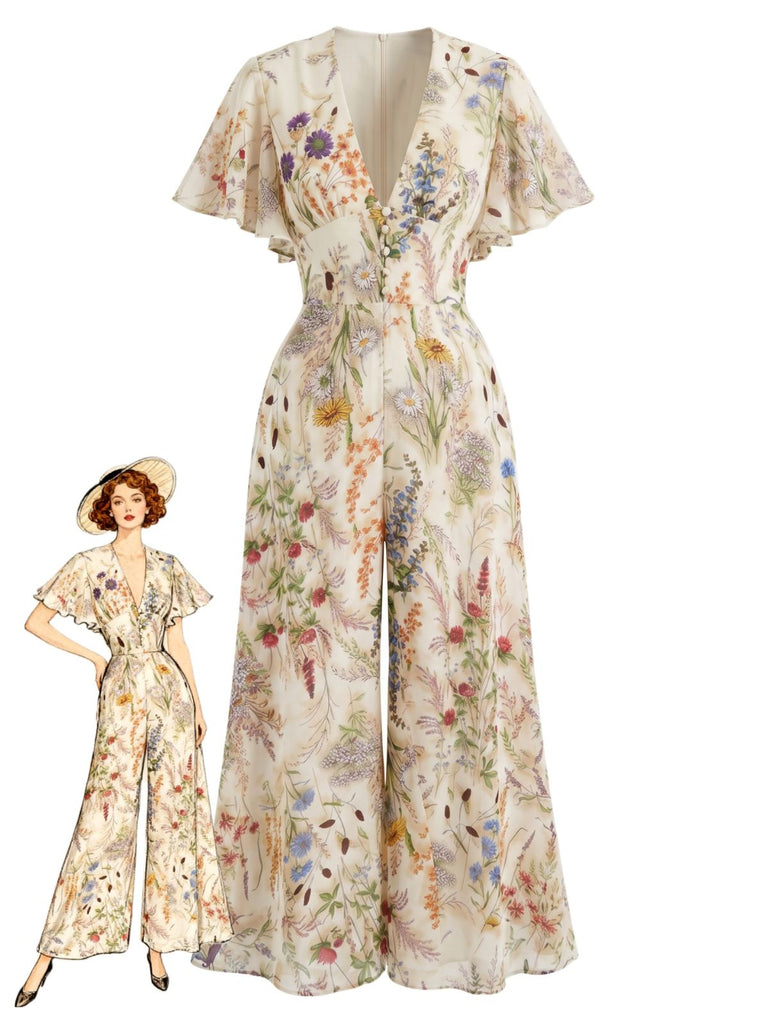 [Prévente] Combinaison Floral Col V en Mousseline Manches Papillon Multicolore Années 1950