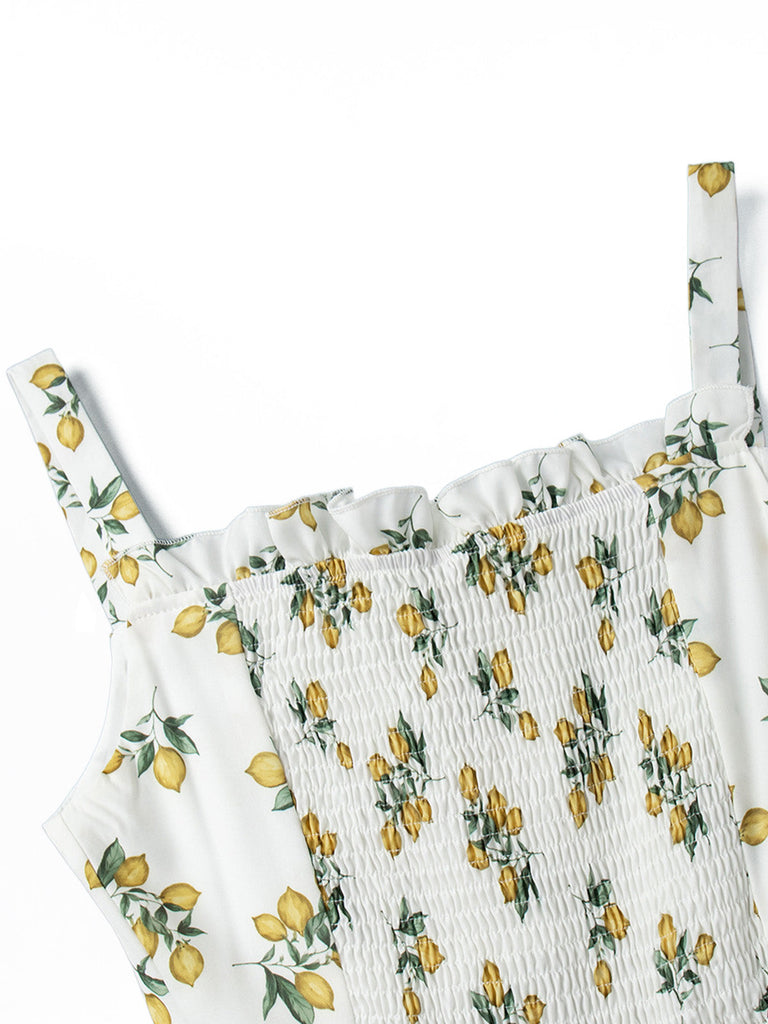 Robe Col V Imprimé Citron Fendue Taille Haute Années 1950 6