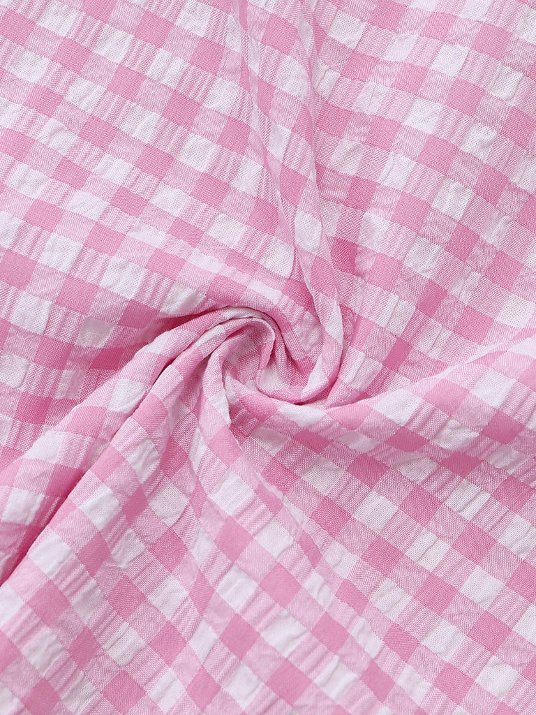 Robe à Revers Manches Bouffantes Volantées Vichy Rose Années 50