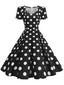 Robe Swing Manches Courtes À Pois Noire Années 1950
