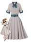 Robe bleue carreaux nœud coupe évasée et ceinture années 50
