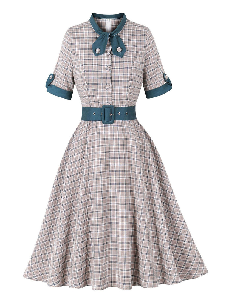 Robe Bleu à Carreaux Nœud Évasé Ceinturé Années 1950 2