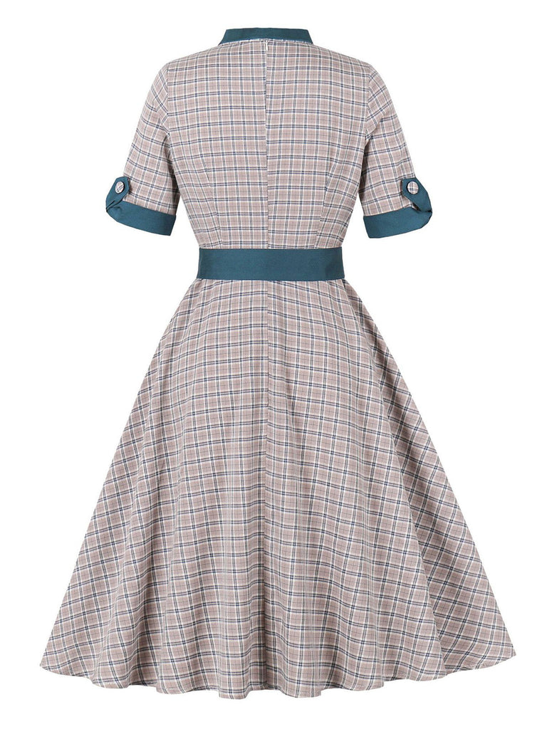 Robe Bleu à Carreaux Nœud Évasé Ceinturé Années 1950 3