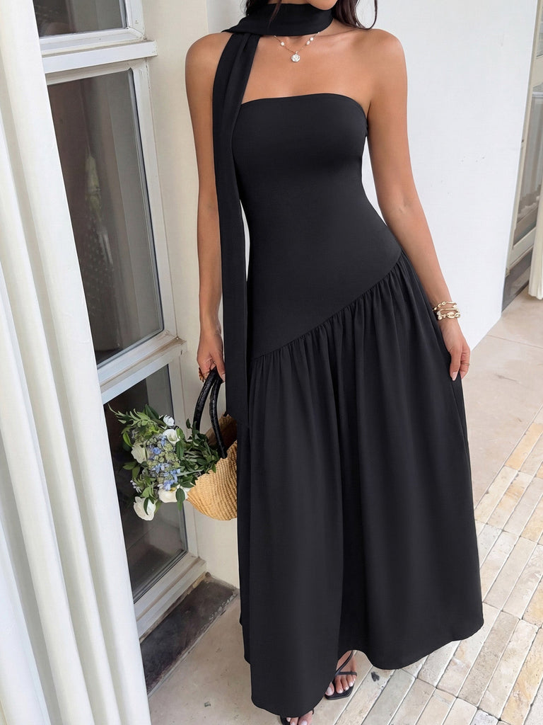 Robe Maxi Asymétrique Bustier Écharpe Noire Années 30
