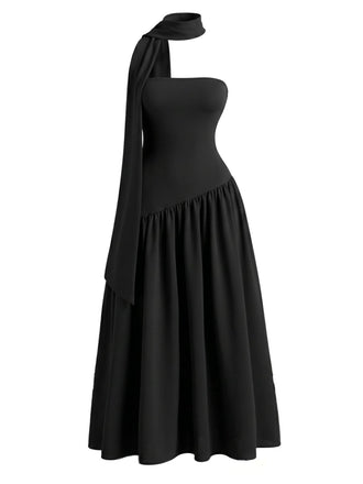 Robe Maxi Asymétrique Bustier Écharpe Noire Années 30