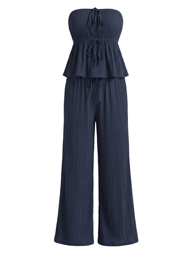 Ensemble 2 Pièces Top Bustier Texturé à Volants & Pantalon Bleu Années 50
