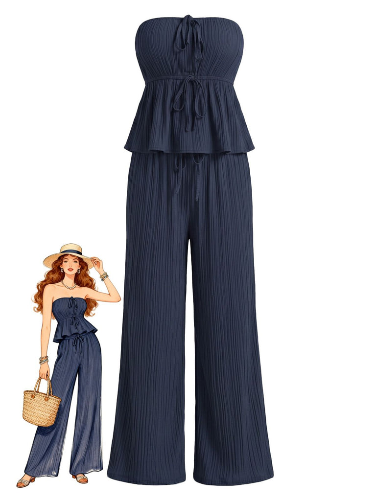 Ensemble 2 Pièces Top Bustier Texturé à Volants & Pantalon Bleu Années 50