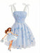 Robe Courte Bretelles Tulle Brodé Fleurs Bleu Ciel Années 1950