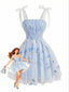 Robe Courte Bretelles Tulle Brodé Fleurs Bleu Ciel Années 1950