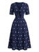 Robe Trèfle à Quatre Feuilles Col V Brodée Bleue Années 1940