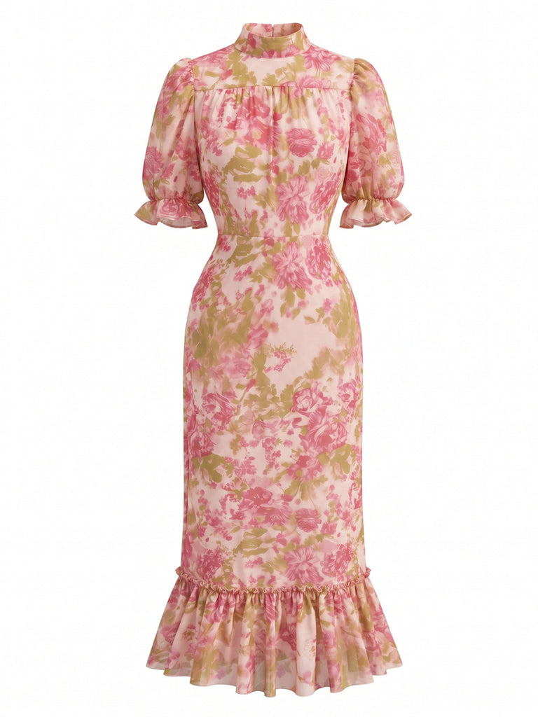 Robe Sirène à Volants en Mousseline Floral Rouge Années 30