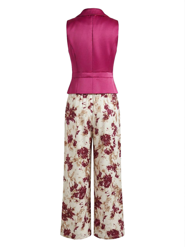 Ensemble 2 Pièces Gilet à Revers Boutonné & Pantalon Floral Rouge Pourpre Années 50