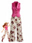 2PCS Gilet à Revers Boutonné & Pantalon Floral Rouge Années 50
