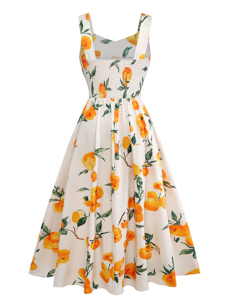 Robe Ligne A à Bretelles Imprimé Agrumes Orange Années 50