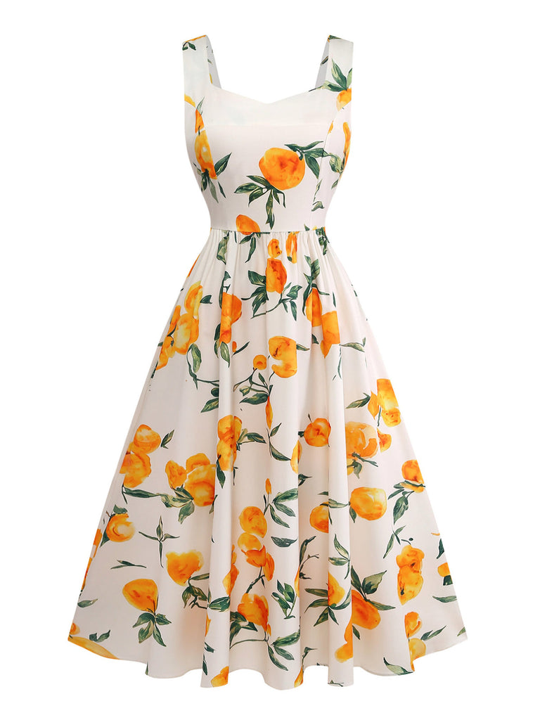 Robe Ligne A à Bretelles Imprimé Agrumes Orange Années 50
