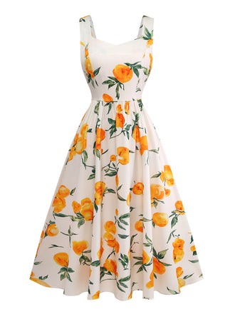 Robe Ligne A à Bretelles Imprimé Agrumes Orange Années 50