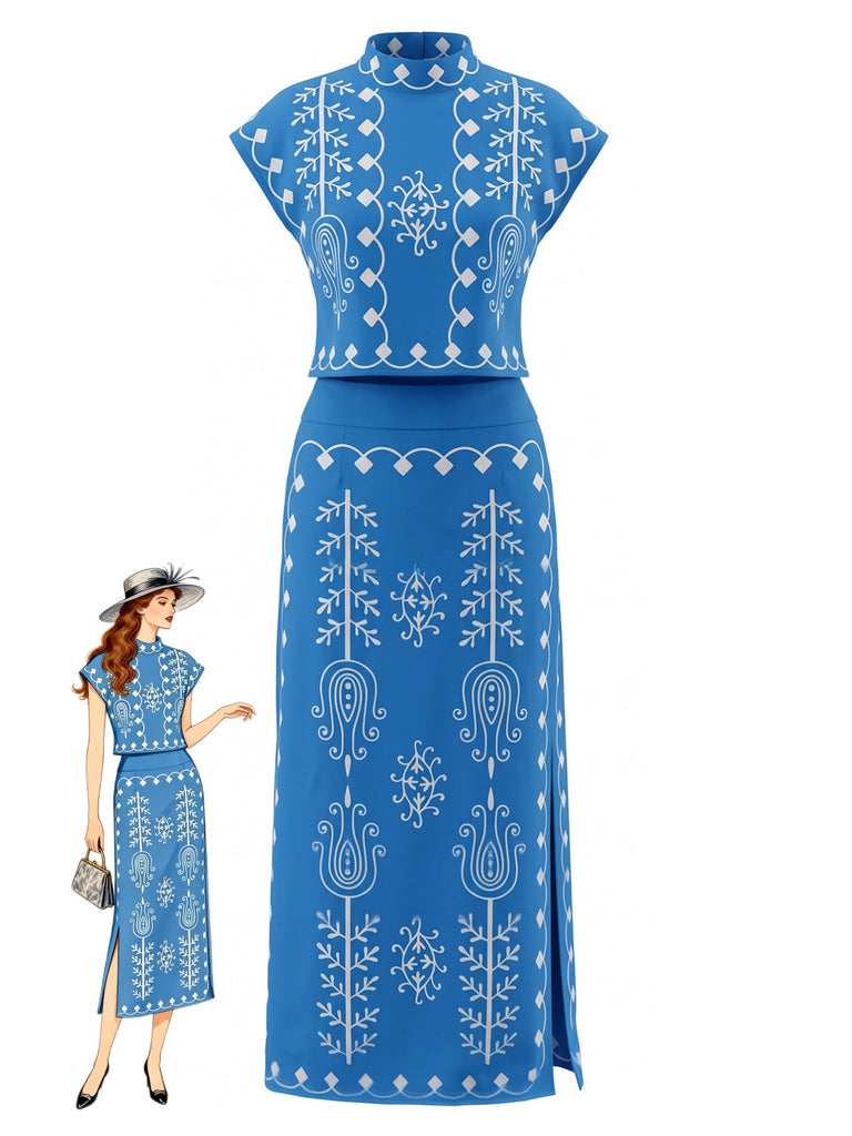 Ensemble Bleu Bohème Manches Cape & Fendu Années 1970