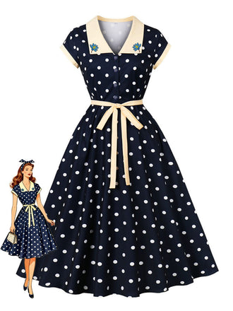 Robe Swing Contraste À Pois Bleu Marine Années 1950