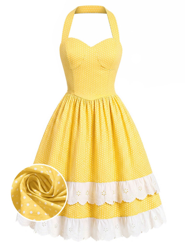 [Prévente] Robe à Étages Dos-Nu en Coton à Pois Nœud Jaune Années 50